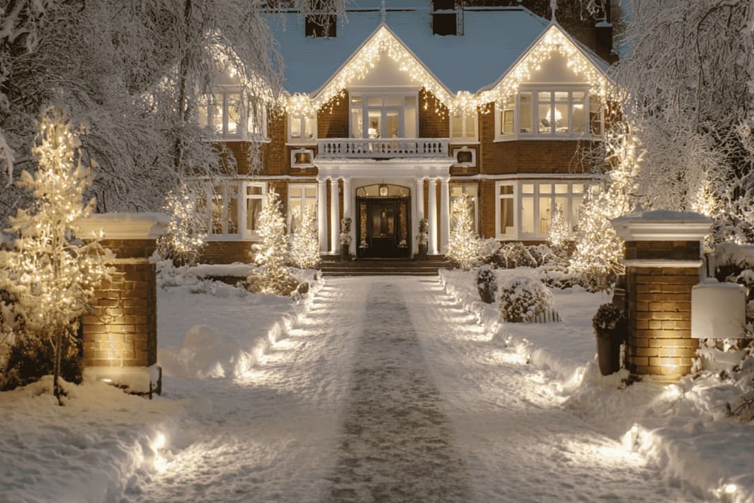 Snow-covered house beautifully lit with Christmas lights and lined with sparkling trees.